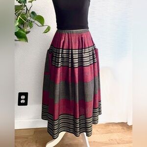 Vintage Dena Lauren 70s-80s Red & Gray Striped A-Line Striped Midi Skirt